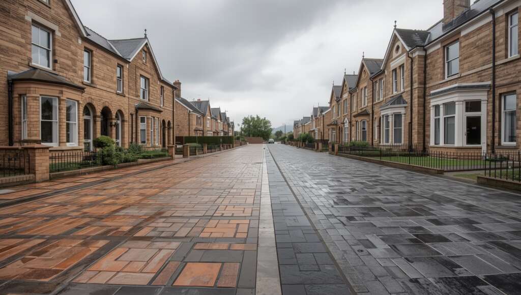 Traditional and modern Scottish homes in Glasgow with different paving styles, showing heritage block paving and contemporary porcelain slabs