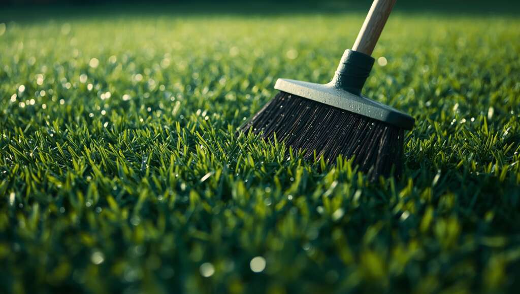 Close-up of artificial grass fibres being brushed to keep turf clean and upright