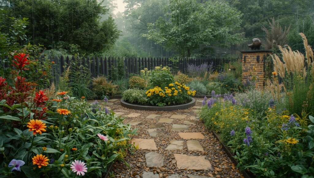 Eco-friendly garden design with native plants, permeable paving, and rainwater drainage in a Glasgow home
