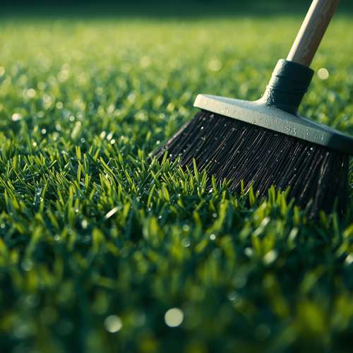 Close-up of artificial grass fibres being brushed to keep turf clean and upright
