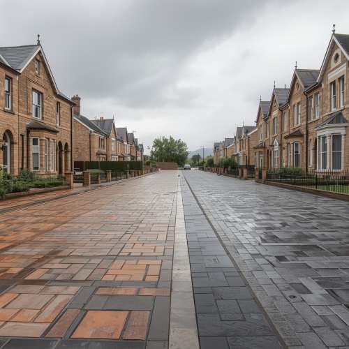 Traditional and modern Scottish homes in Glasgow with different paving styles, showing heritage block paving and contemporary porcelain slabs